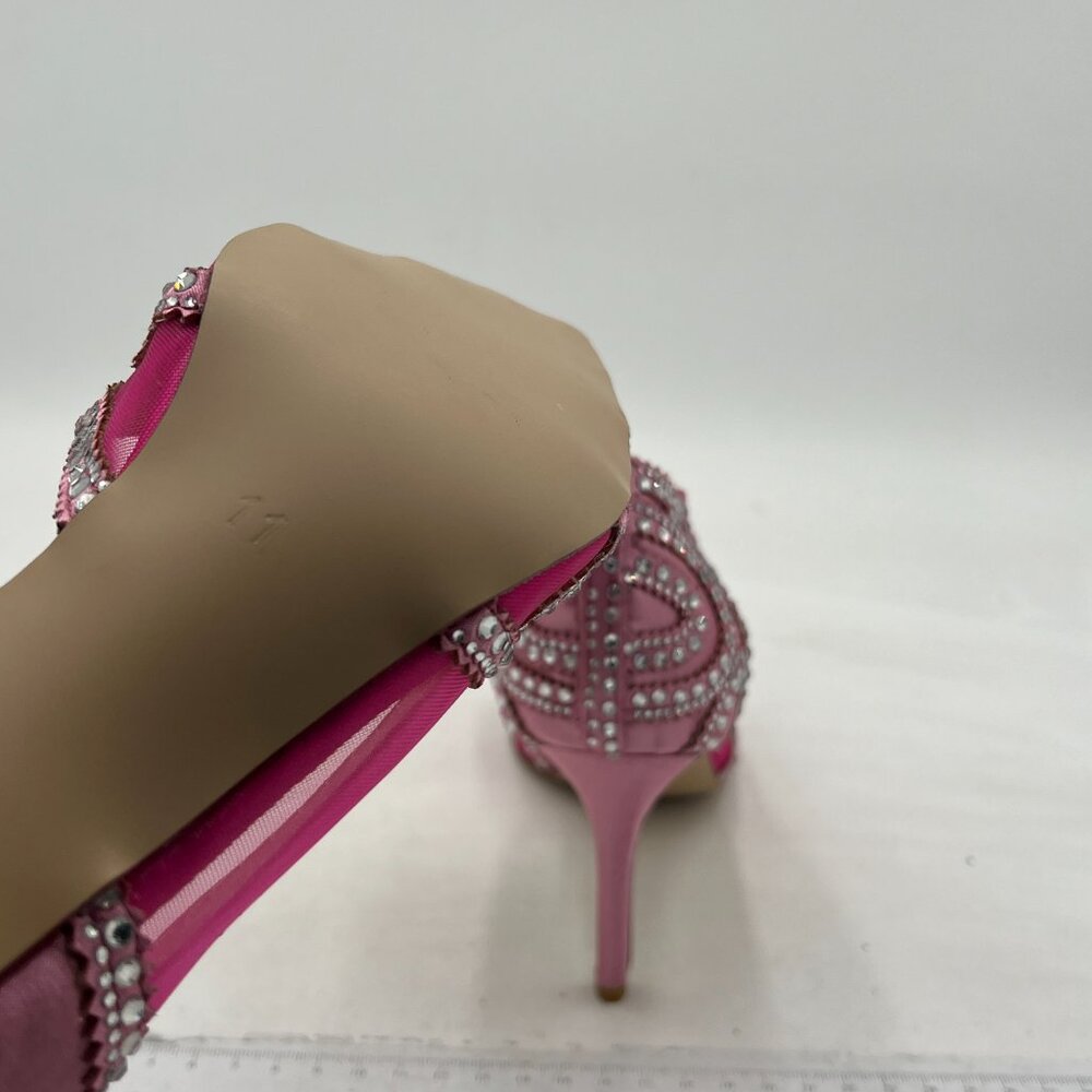 XYD Pink Pointy Toe Crystal Studded Bridal High Heel Slip On D'Orsay Mesh Pumps - Picture 6 of 8